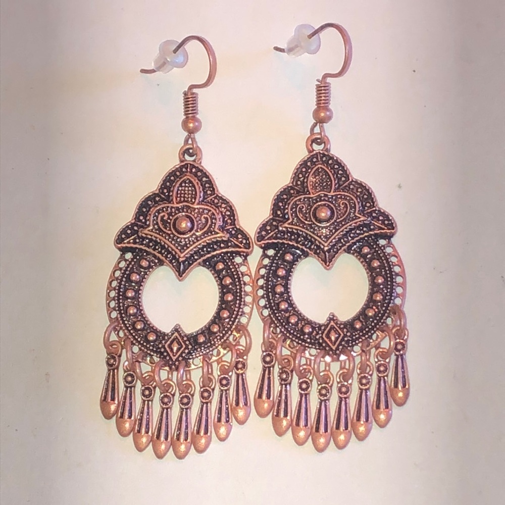 Intricate Copper Tone Filigree Dangle Earrings